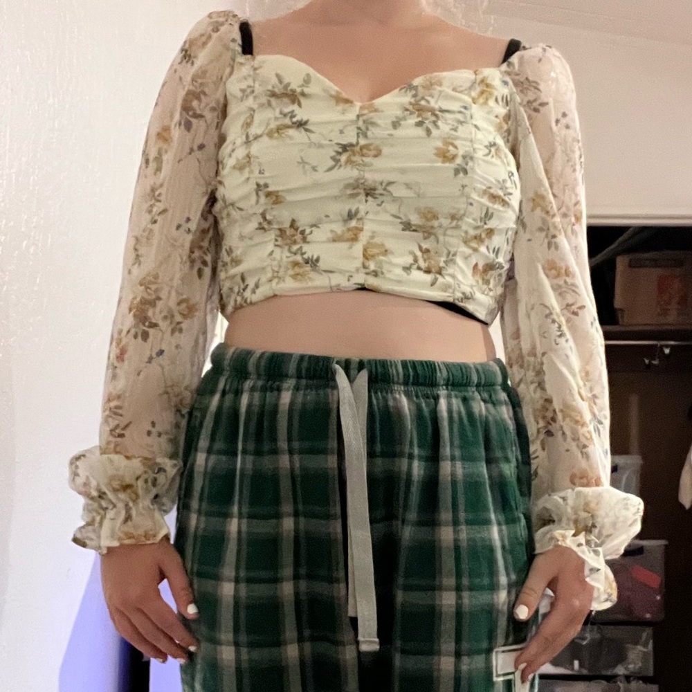 White and Floral Puff Sleeve Crop Top Size S